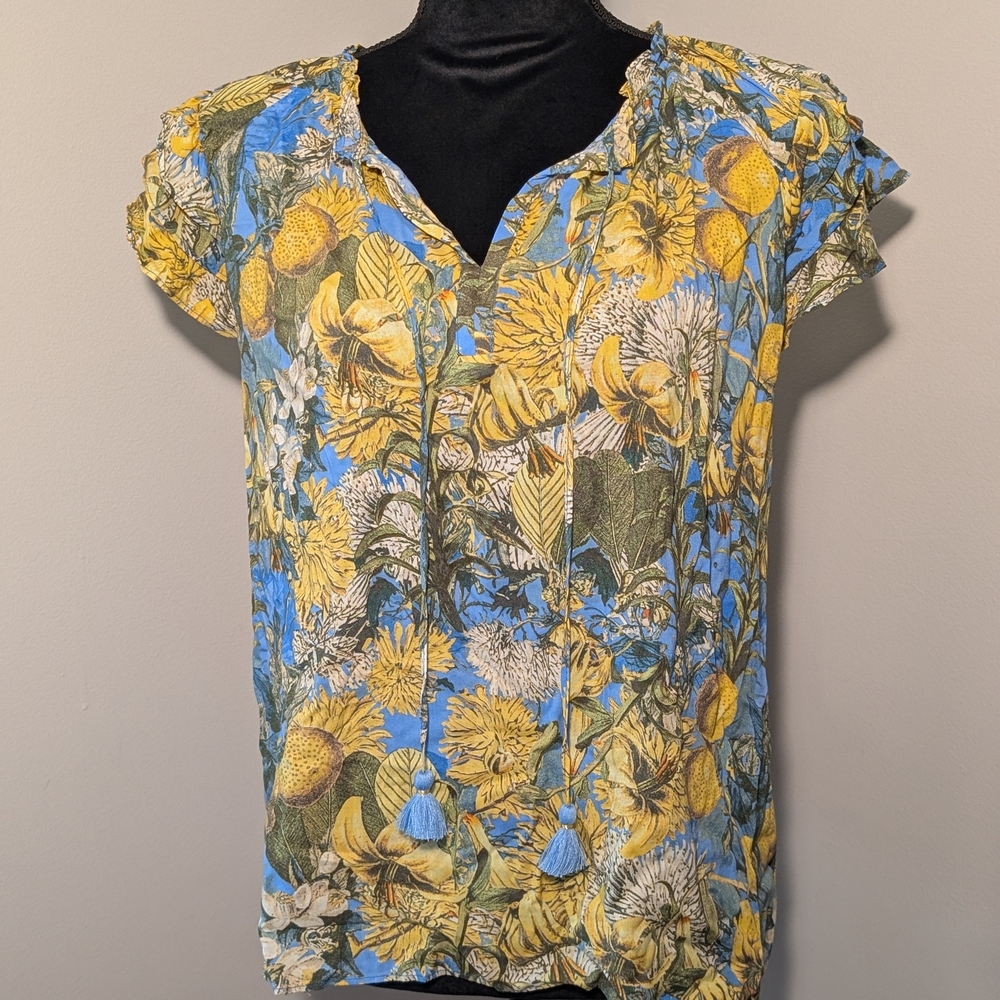Rose & Olive Yellow and Blue Flutter Sleeve Blouse